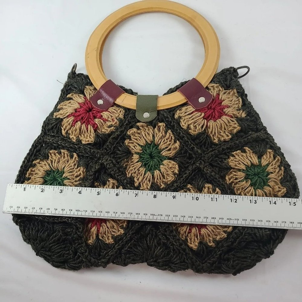 Jute Floral Crochet Handbag Purse Tote Boho Flowers Patchwork Wood Handle Bag - Picture 14 of 14